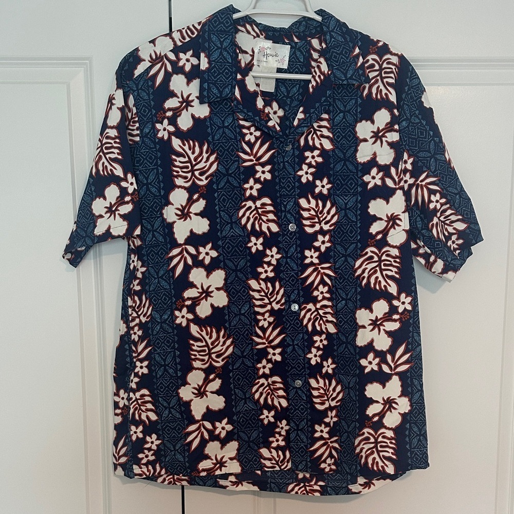 Men's Floral Hawaiian Shirt - Blue, White, Red - Vintage Howie made in Hawaii